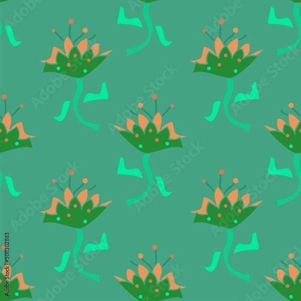 Fototapeta green and orange floral vector seamless pattern