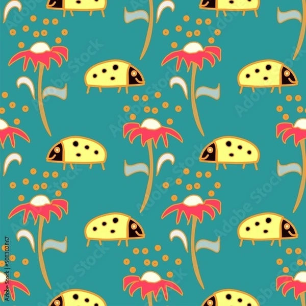 Fototapeta Flowers and ladybirds bright vector seamless repeat pattern on teal