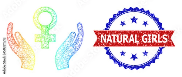 Fototapeta Net mesh female care framework icon with rainbow gradient, and bicolor unclean Natural Girls seal stamp. Red stamp seal contains Natural Girls text inside blue rosette.
