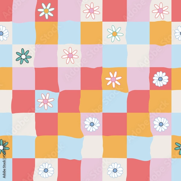 Fototapeta Checkerboard floral seamless pattern. Cute trendy print. Vector hand drawn illustration.