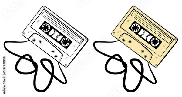 Obraz Simple Vector sketch of classic audio cassette, crumpled tape