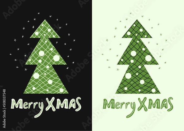 Fototapeta Merry Xmas quote with christmas tree. Unique handwriting wishes. Design element for congratulation card, banner or flyer. Vector illustration