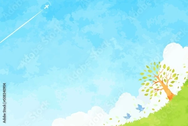 Fototapeta 爽やかな青空と草原と樹木の風景イラスト