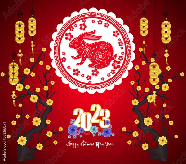 Fototapeta Happy new year 2023, Chinese new year, Year of the Rabbit, Zodiac sign for greetings card, (Translation : Happy new year)