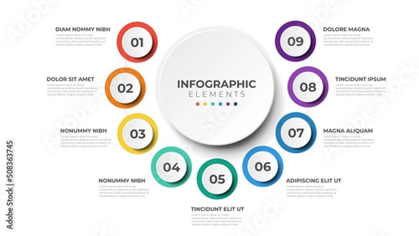 Fototapeta 9 list of steps, circular layout diagram with number of sequence, infographic element template