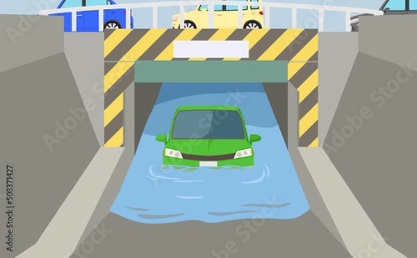 Obraz 冠水したアンダーパスで立ち往生する車

