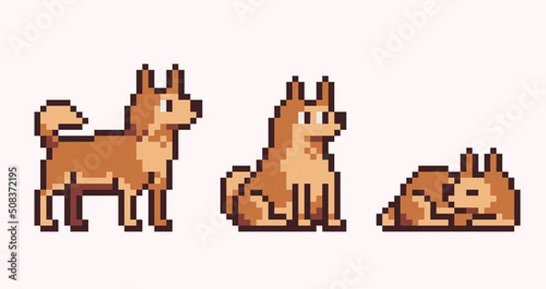Obraz Brown dog in different poses pixel art set. Cute sitting, standing and sleeping doggy collection. 8 bit sprite. Game development, mobile app.  Isolated vector illustration.