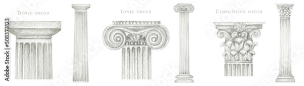 Fototapeta Watercolor antique column corinthian ionic doric order, Ancient Classic Greek pillar set, Roman Columns, Architecture facade elements Realistic drawing illustration isolated on white background