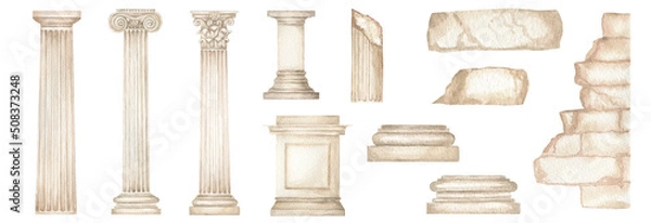 Obraz Watercolor antique column corinthian ionic doric order, Ancient Classic Greek pillar set, Roman Columns, Architecture facade elements Realistic drawing illustration isolated on white background