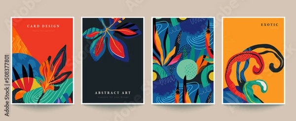 Fototapeta Set of four vector pre-made cards or posters in modern abstract style with nature motifs, flowers, leaves and hand drawn texture.