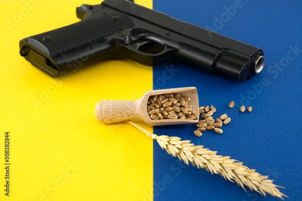 Obraz Gun alongside wooden scoop with wheat grain seeds