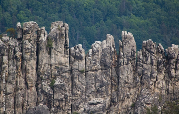 Fototapeta Czech sandstone rocks in Bohemian Paradise shaped by wind, water, frost, erosion, and humans into unique shapes.