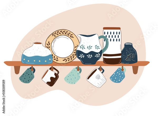 Obraz Ceramic kitchenware on shelves. Handmade tableware for decoration design. Dinnerware and kitchen utensils collection hand drawn vector illustration
