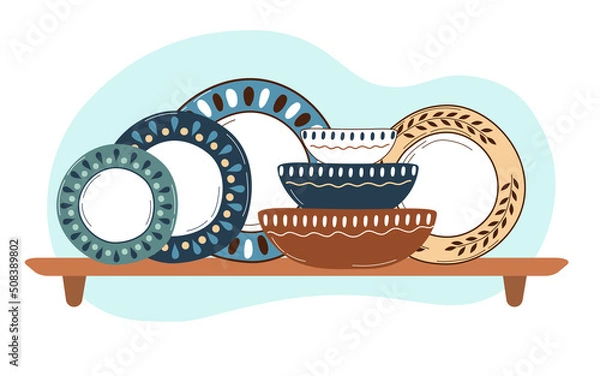 Obraz Ceramic kitchenware on shelves. Handmade tableware for decoration design. Dinnerware and kitchen utensils collection hand drawn vector illustration