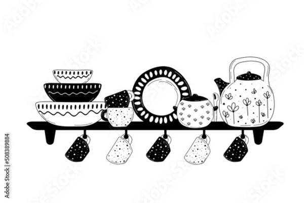Obraz Ceramic cooking crockery. Decorative handmade kitchen utensils or tableware such as plates, cups, dishes. Cookware for food preparing, serving and decoration design hand drawn vector illustration