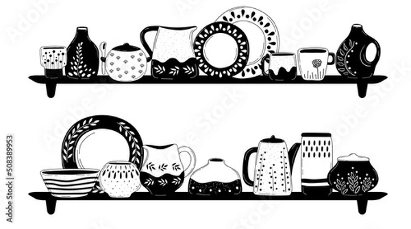 Obraz Ceramic cooking crockery. Decorative handmade kitchen utensils or tableware such as plates, cups, dishes. Cookware for food preparing, serving and decoration design hand drawn vector illustration.