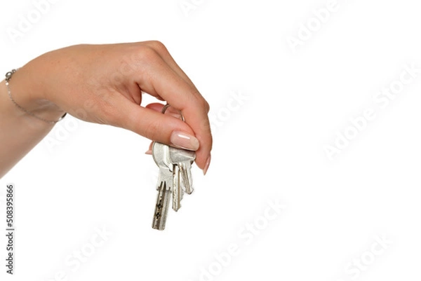 Obraz A hand holding  keys on a white background