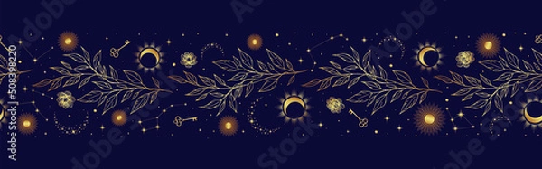 Fototapeta Magic seamless vector border with moons, herbs, stars and suns. Gold decorative ornament. Graphic pattern for astrology, esoteric, tarot, mystic and magic. 