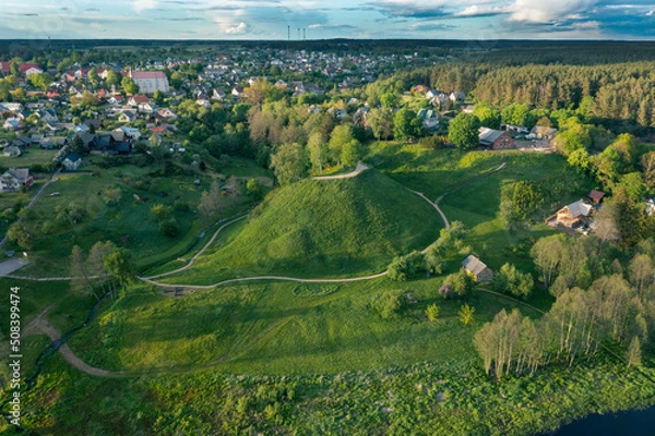 Obraz Merkine mound and Merkine town on the bank of Nemunas and Merkys river