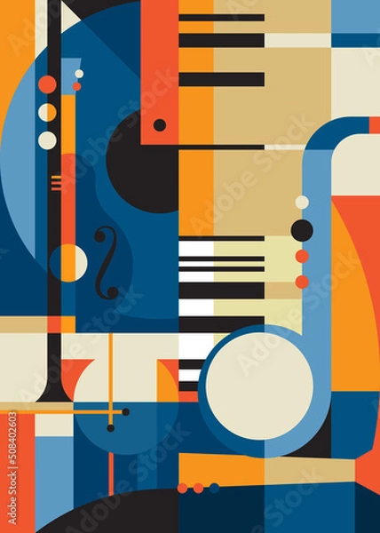 Fototapeta Creative poster with abstract music instruments. Placard design in flat style.