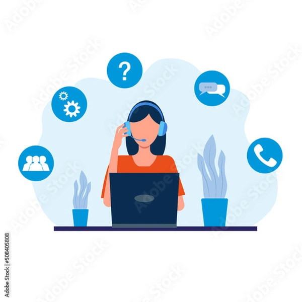 Fototapeta Customer service landing page. Woman with headphones and microphone with laptop. Concept illustration for support, help, call center. Vector illustration in flat style