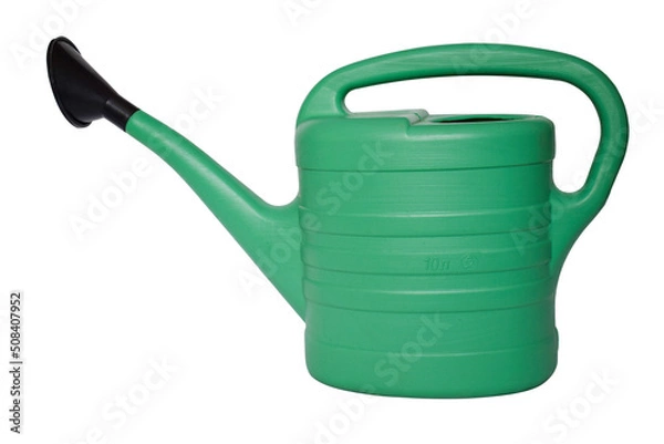 Obraz Green garden watering can of 10 liters isolated on a white background.