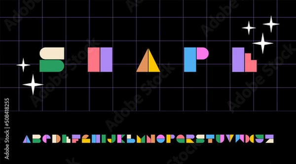 Fototapeta Colorful geometric font. Retro typography in the style of the 90s. Decorative vector typographic design. Alphabet for modern logo, header, bright inscriptions and typographic posters.