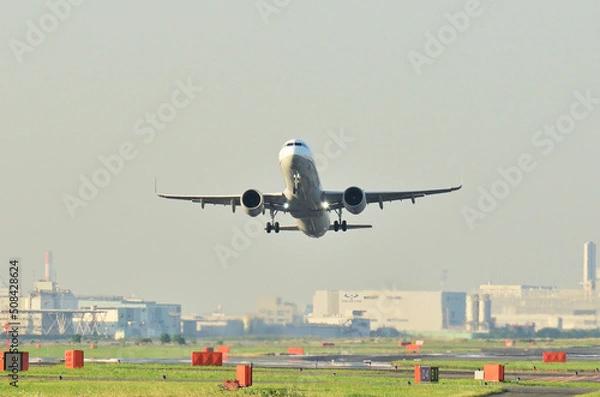 Obraz ソラムナード羽田緑地から見る羽田空港を離陸するジェット機