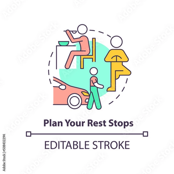 Fototapeta Plan your rest stops concept icon. Take a break from driving. Road trip tip abstract idea thin line illustration. Isolated outline drawing. Editable stroke. Arial, Myriad Pro-Bold fonts used