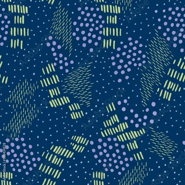 Fototapeta Deep blue abstract dots and spots seamless pattern. Neon stripes ornament background. 