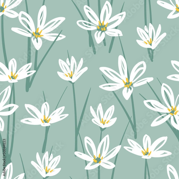 Fototapeta Seamless floral pattern with hand drawn white flowers. Vector background