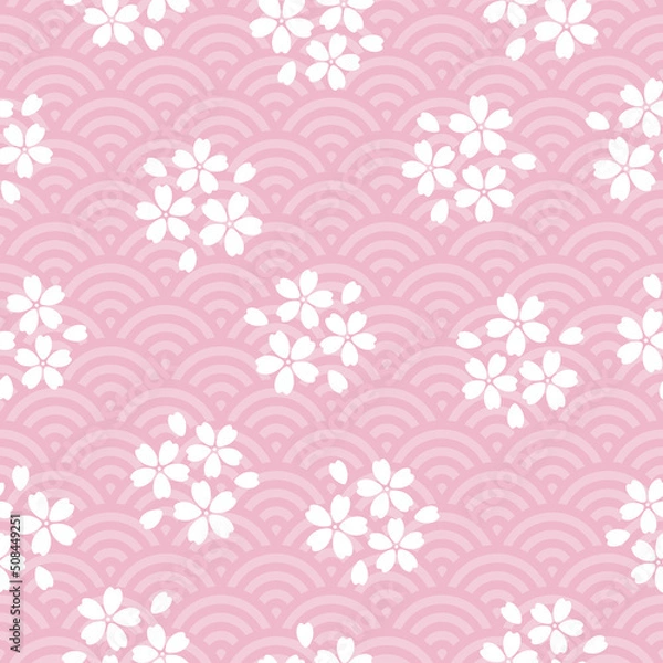 Obraz Seamless pattern with Japanese waves and sakura flowers. Traditional print with cherry blossoms. 