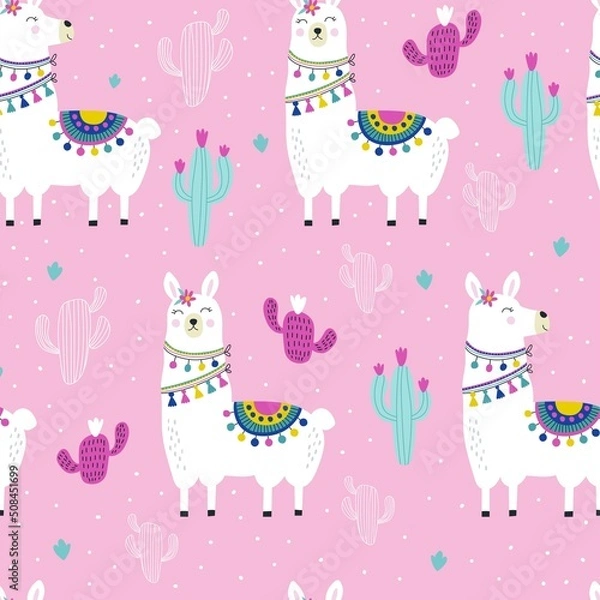 Fototapeta Seamless pattern with cute llama. Vector illustrations