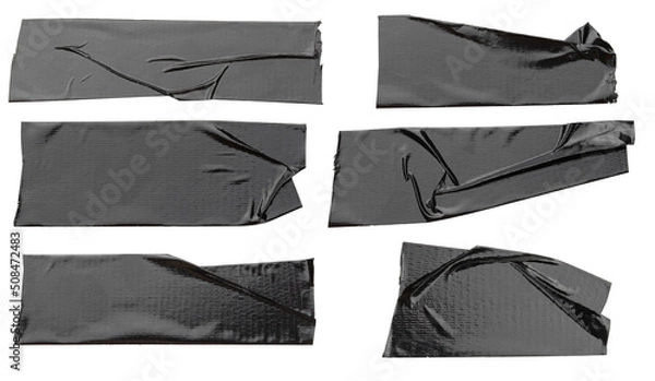 Obraz Torn horizontal and different size black glossy sticky tape, sticky pieces isolated on white background. Set of black tapes.