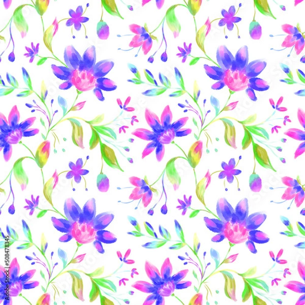 Fototapeta Watercolor floral seamless pattern on white background. Bright folk violet, blue, green flowers, leaves repeat print. Botanical design for wallpaper, fabric, textile, wrapping paper and decoration.