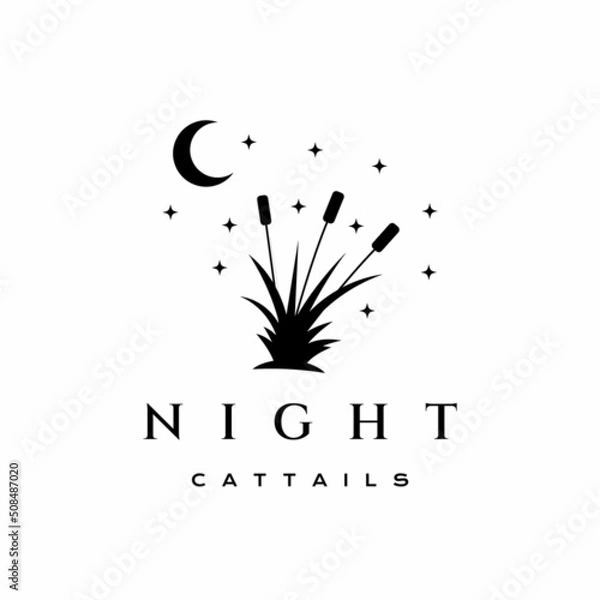 Fototapeta Cattail grass with night moon and star logo design vector illustration