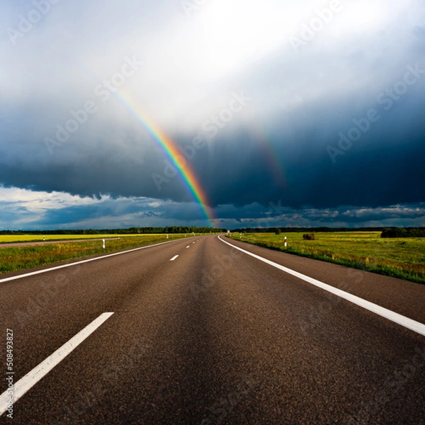 Fototapeta Rainbow on a dark sunny and rainy day over the highway; might be LGBT