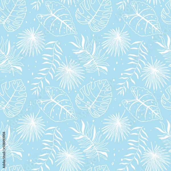 Fototapeta Seamless pattern with outline of tropical leaves on blue background.
