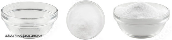Obraz Soda in a glass bowl. Soda, flour, salt or sugar in a glass container. Two angles of a plate with white powder and an empty plate on a white background.