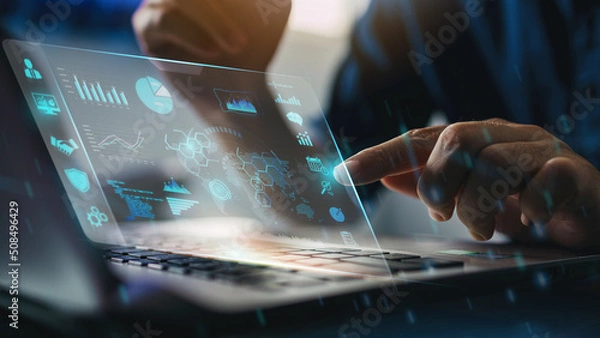 Fototapeta Business analysis big data screen and economic growth with financial graph. Concept of virtual dashboard technology digital marketing and global economy network connection. 3D illustration.