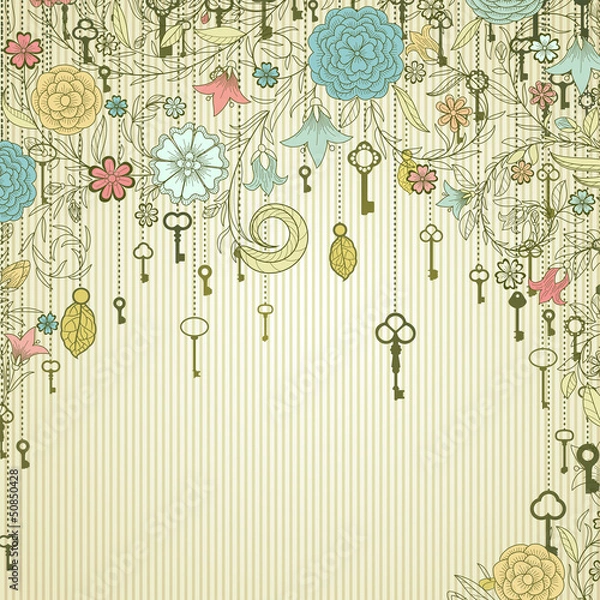 Fototapeta Vintage background with doodle flowers and keys
