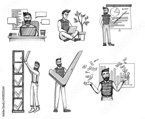 Fototapeta Black and white packaged software, FinTech technology, system software development concept with cartoon person. Business applications abstract illustration set. Payment processing, cross out the goal