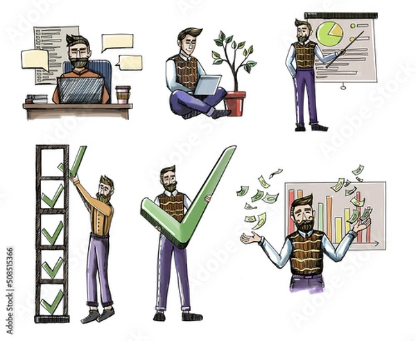 Fototapeta Color packaged software, FinTech technology, system software development concept with color cartoon person. Business applications abstract illustration set. Payment processing, cross out the goal