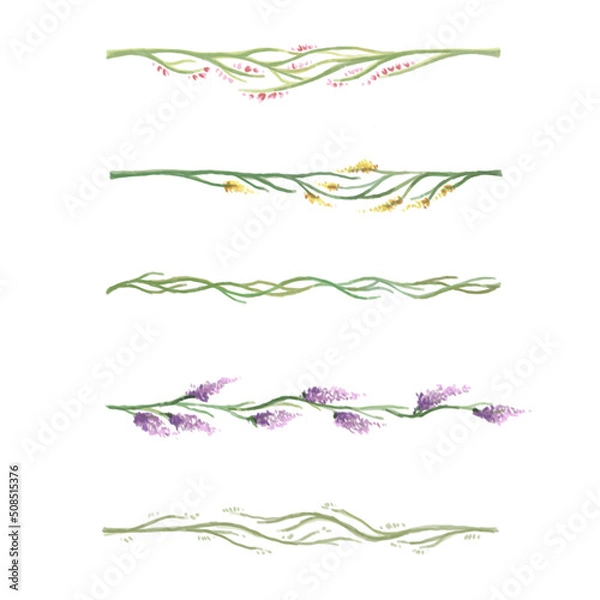 Fototapeta Collection of hand-drawn text dividers.  Plants raster lines, vintage borders and wedding laurels. Raster isolated flourish watercolor elements.