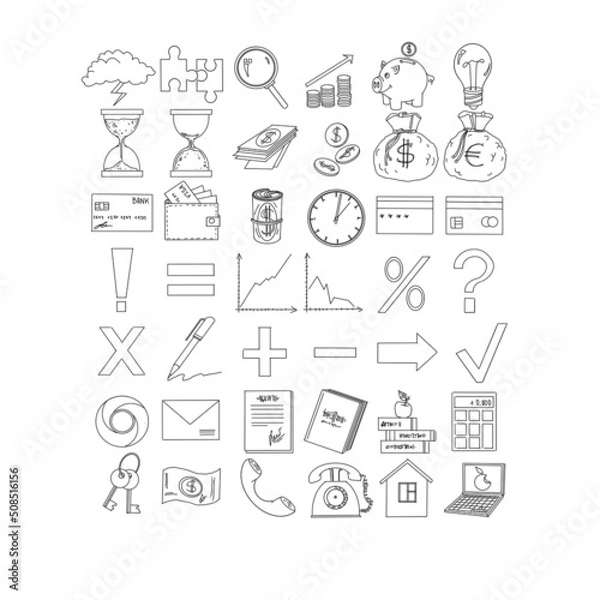 Fototapeta Set of finance icons (black and white) included schedules, marks, currency, finance stuff, and tablets.