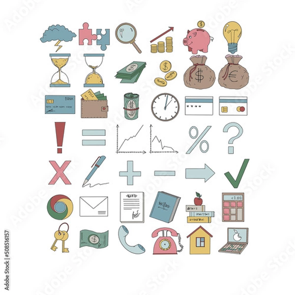 Fototapeta Set of finance icons (color) included schedules, marks, currency, finance stuff, and tablets.