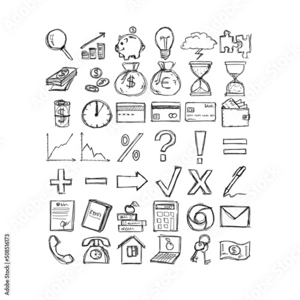 Fototapeta Set of hand-drawn finance icons (black and white) included schedules, marks, currency, finance stuff, and tablets.