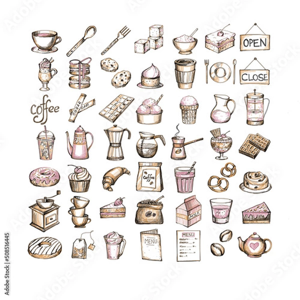Fototapeta Set of hand-drawn cafe icons (color) included food, drinks, different cafe stuff, and tablets.