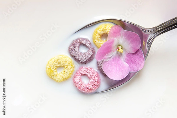 Fototapeta milk in a spoon with multi-colored rainbow rings of cereals and an edible pink violet flower. healthy food, fast breakfast. copy space