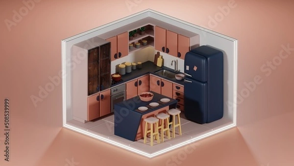 Fototapeta 3D rendering of a kitchen set in isometric view.